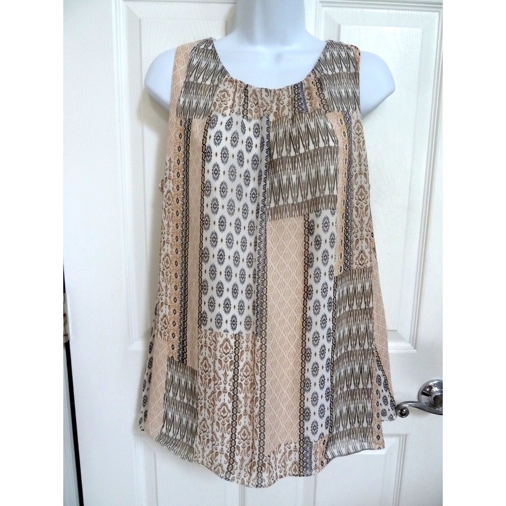 Calvin Klein Womens Large Patchwork Sleeveless Blouse Beige White Career Top
